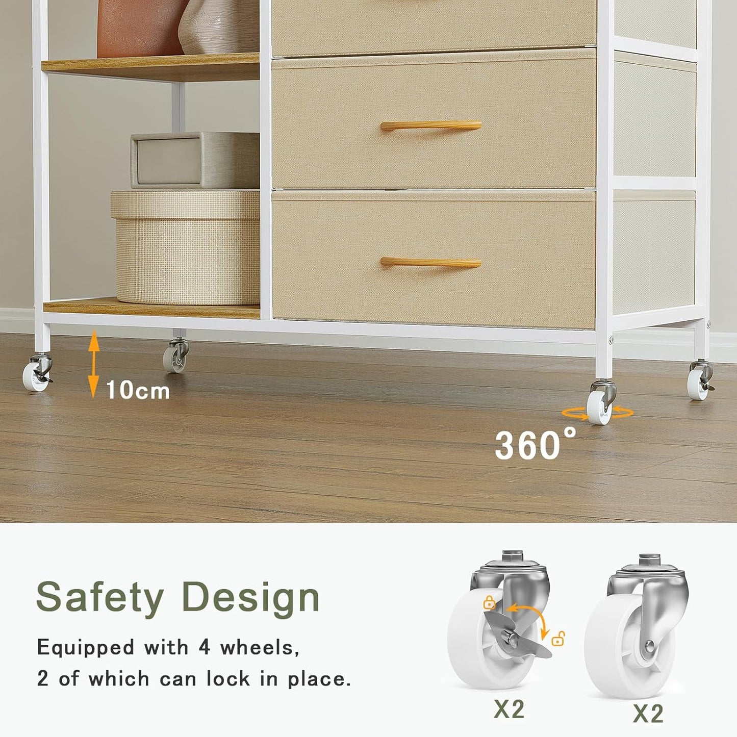 Kledingrek – Garderoberek – Open Kast – Kledinghouder – Kledingwagen Beige – Stalen Frame – 3 Lades Met Wieltjes En Haken
