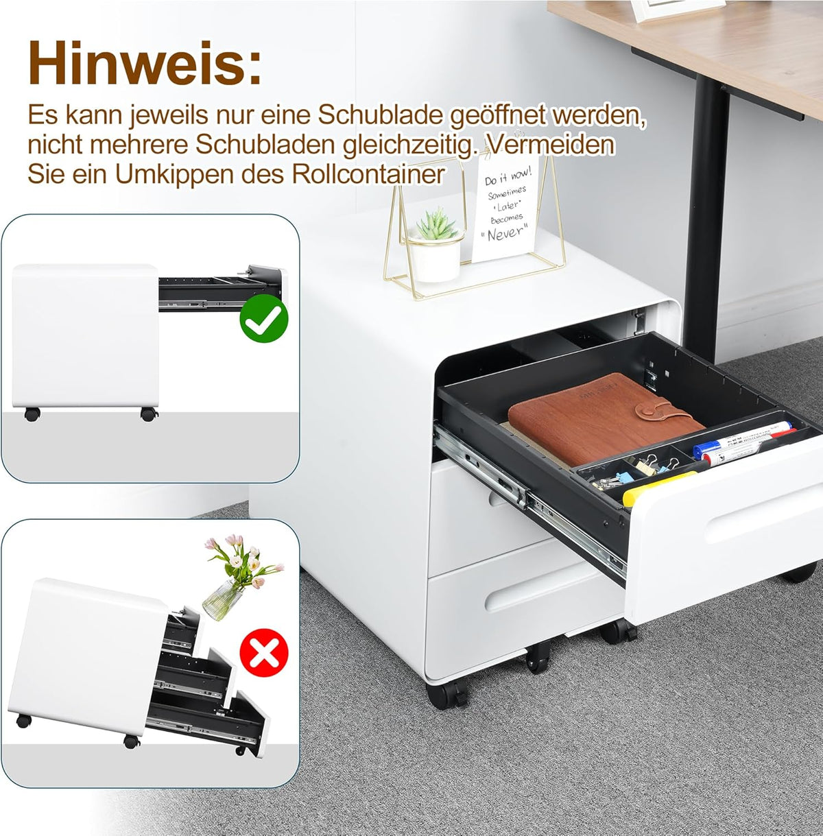 Rolcontainer, mobiele archiefkast met slot, afgeronde hoeken, 4 sleutels, 3 laden, printertafel, reeds voorgemonteerd, voor kantoor, thuiskantoor, 46B x 40D x 50H cm, Wit