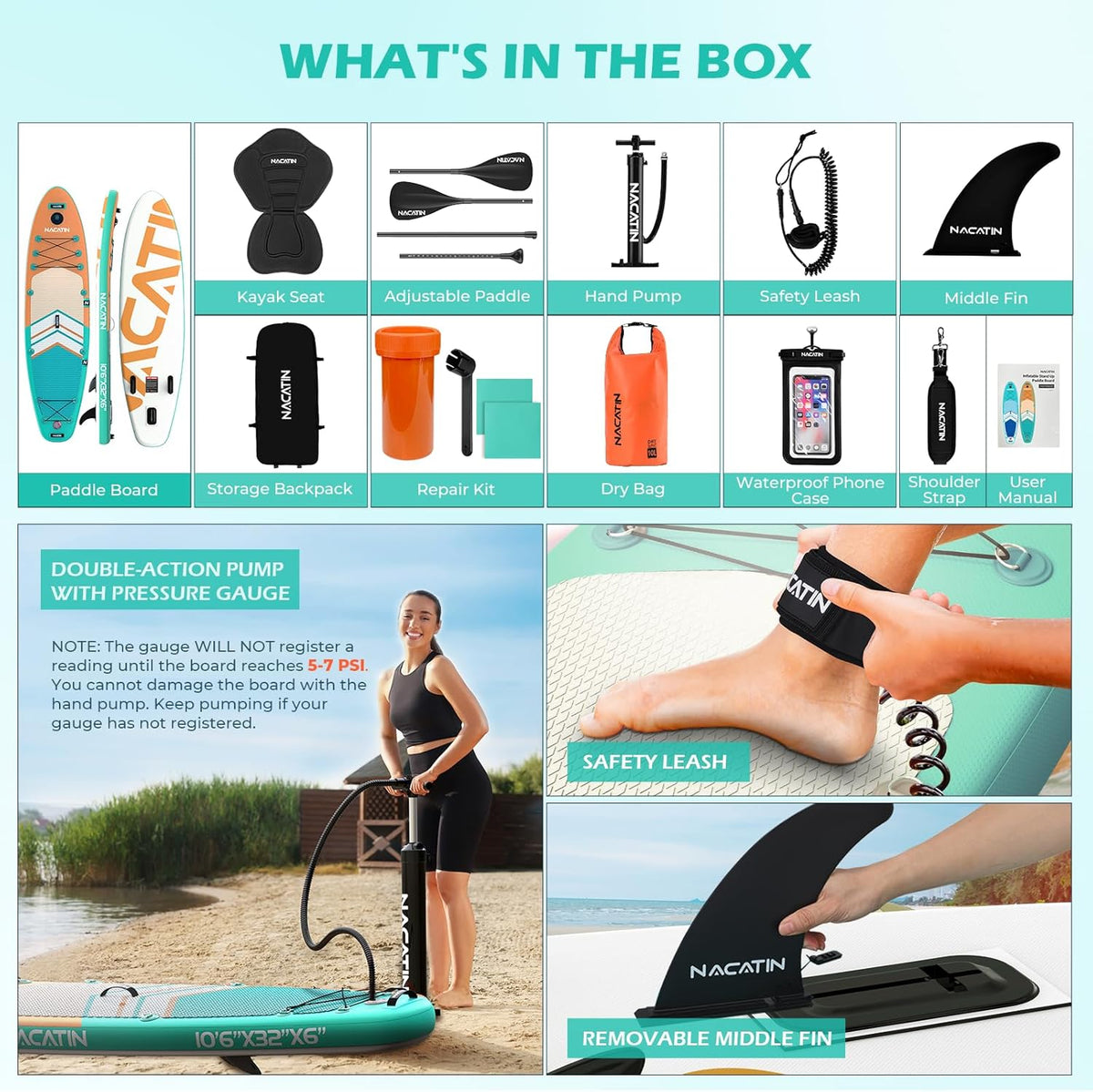<font dir="auto" style="vertical-align: inherit;"><font dir="auto" style="vertical-align: inherit;">        NACATIN Inflatable stand-up paddle boards 10'6 inch with adjustable paddle, travel backpack, pump, waterproof bag 10L, leash, accessories included