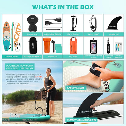 NACATIN Opblaasbare stand-up planken 10'6 inch peddel met verstelbare peddel reisrugzak, pomp, waterdichte tas 10 l, riem, accessoires inbegrepen