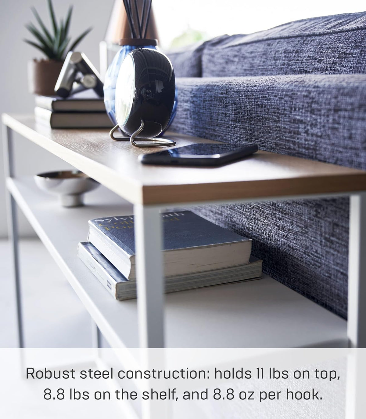 Yamazaki 2028 TOWER Console Table with Shelf, white, Steel/Wood, 126 x 20.5 x 65 cm