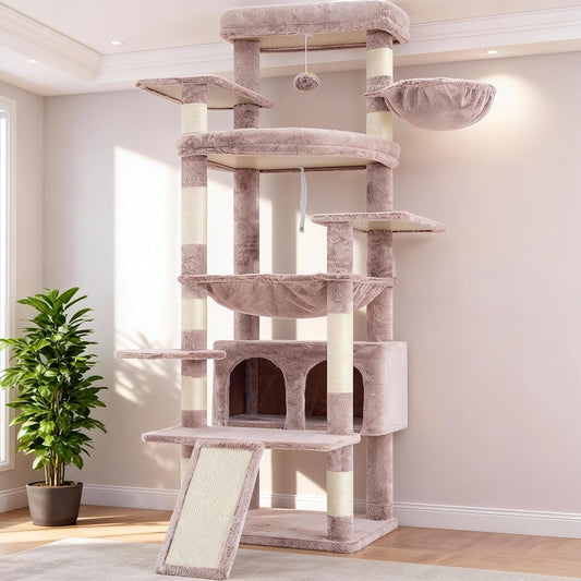 Heybly 202 cm XXL Scratching Post with Extra Large Platforms Cabin Basket and Sisal Posts for Scratching Large Cats Multi-Level Layout Light Grey HCT038W