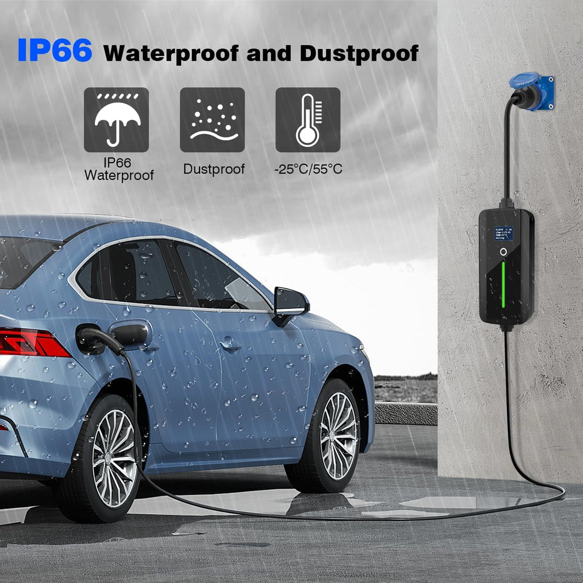 Type 2 mobiele oplader voor elektrische auto's, 7 kW draagbare oplaadkabel met CEE-stekker voor elektrisch voertuig, IP67 waterdicht, 7,5 meter, type 2 oplaadkabel met 32 A, IEC 62196-2
