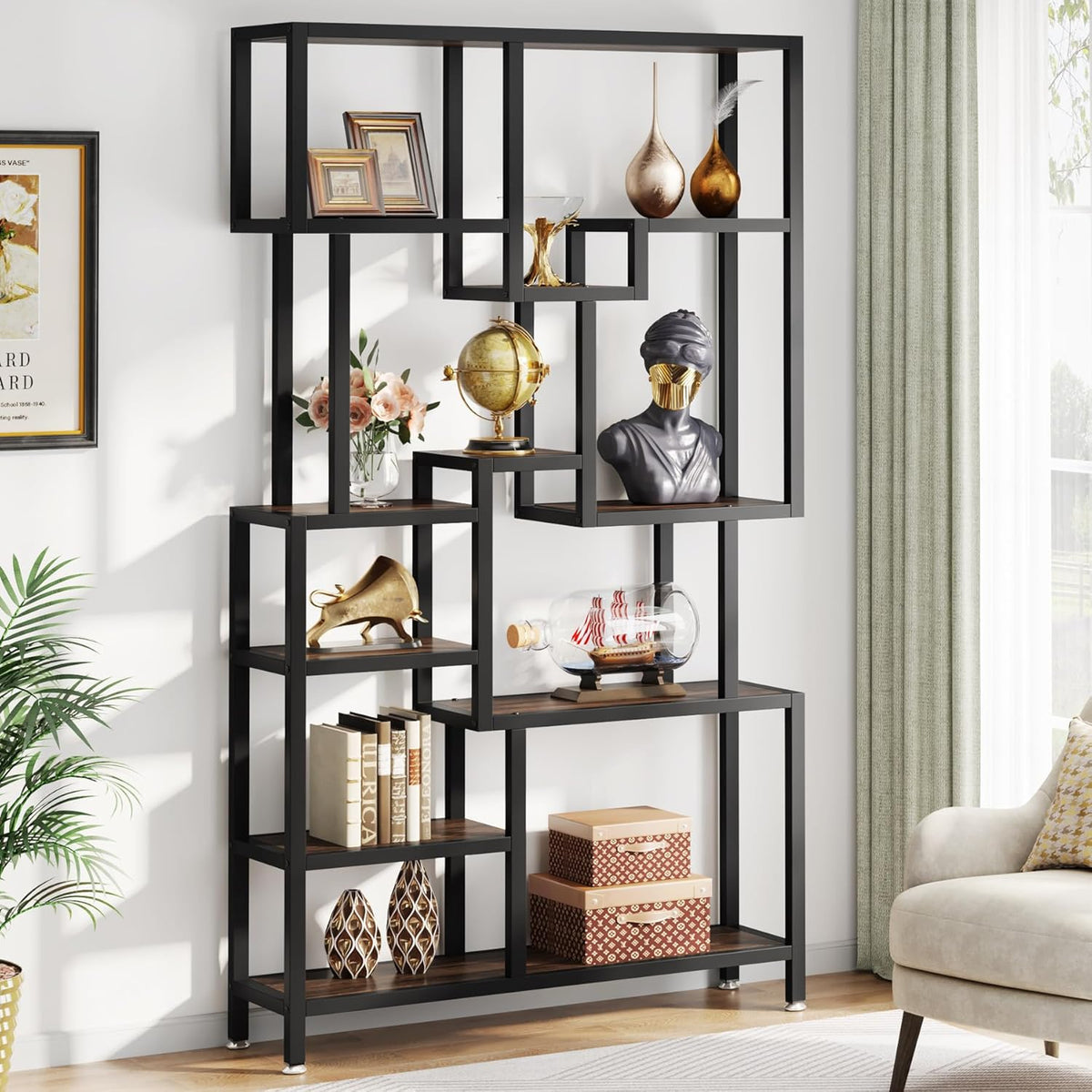 Tribesigns Industry 7 Tier Bookcase, 180 cm Tall Floor, Wooden Bookcase, Open Exhibition Rack with Metal Frame for Living Room, Home Office, Rustic Brown