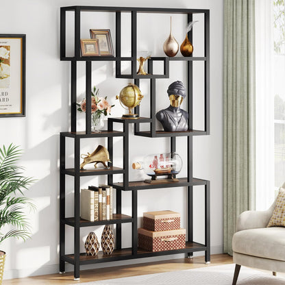 Tribesigns Industry 7 Tier Bookcase, 180 cm Tall Floor, Wooden Bookcase, Open Exhibition Rack with Metal Frame for Living Room, Home Office, Rustic Brown