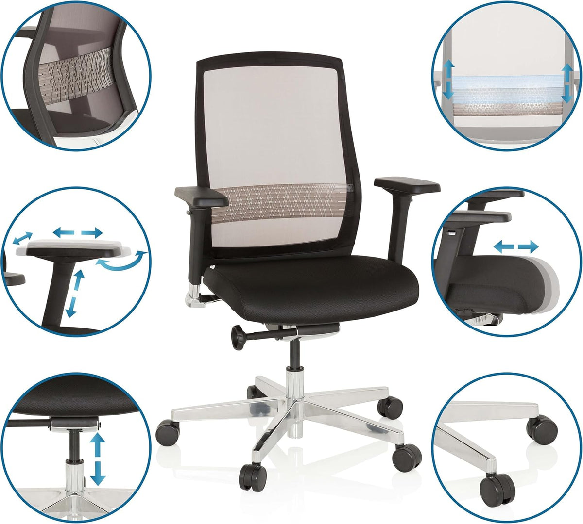 hjh OFFICE FOUNTAINE 657658 bureaustoel zwart draaistoel ergonomisch met zelfherstellende netrug