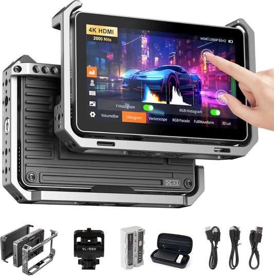 VILTROX DC-X2 2000 Nits Video Field Monitor Kit met Rig Cage, 4K HDMI 6" Touchscreen DSLR On Camera Monitor met Zonnekap Batterij, 1920X1080 HD Focus Peaking, 3D Lut, RGB Parada, Volledige Golfvorm