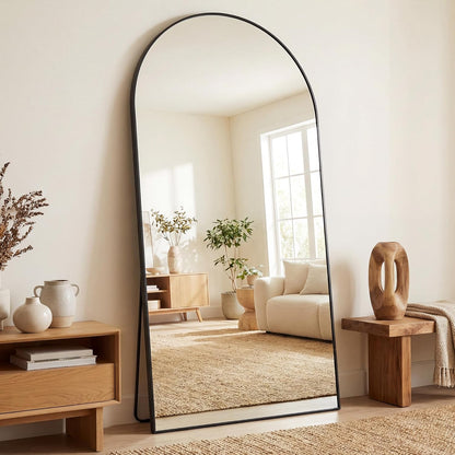 Vloerspiegel – Passpiegel – Staande Spiegel – Wandspiegel – Full-Body Spiegel – 194x87 cm – Aluminium Frame – Onbreekbaar Glas – Zwart – Gebogen Design