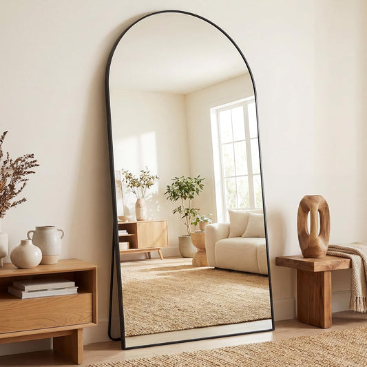 Vloerspiegel – Passpiegel – Staande Spiegel – Wandspiegel – Full-Body Spiegel – 194x87 cm – Aluminium Frame – Onbreekbaar Glas – Zwart – Gebogen Design