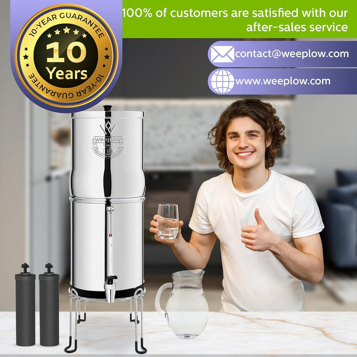 Weeplow Venus - 5.6 Liter AISI 304 Gravity Water Filtration System with 2 O'Pure 2 Purification Elements, Faucet with Water Level and Free Stainless Steel Base - QUORE