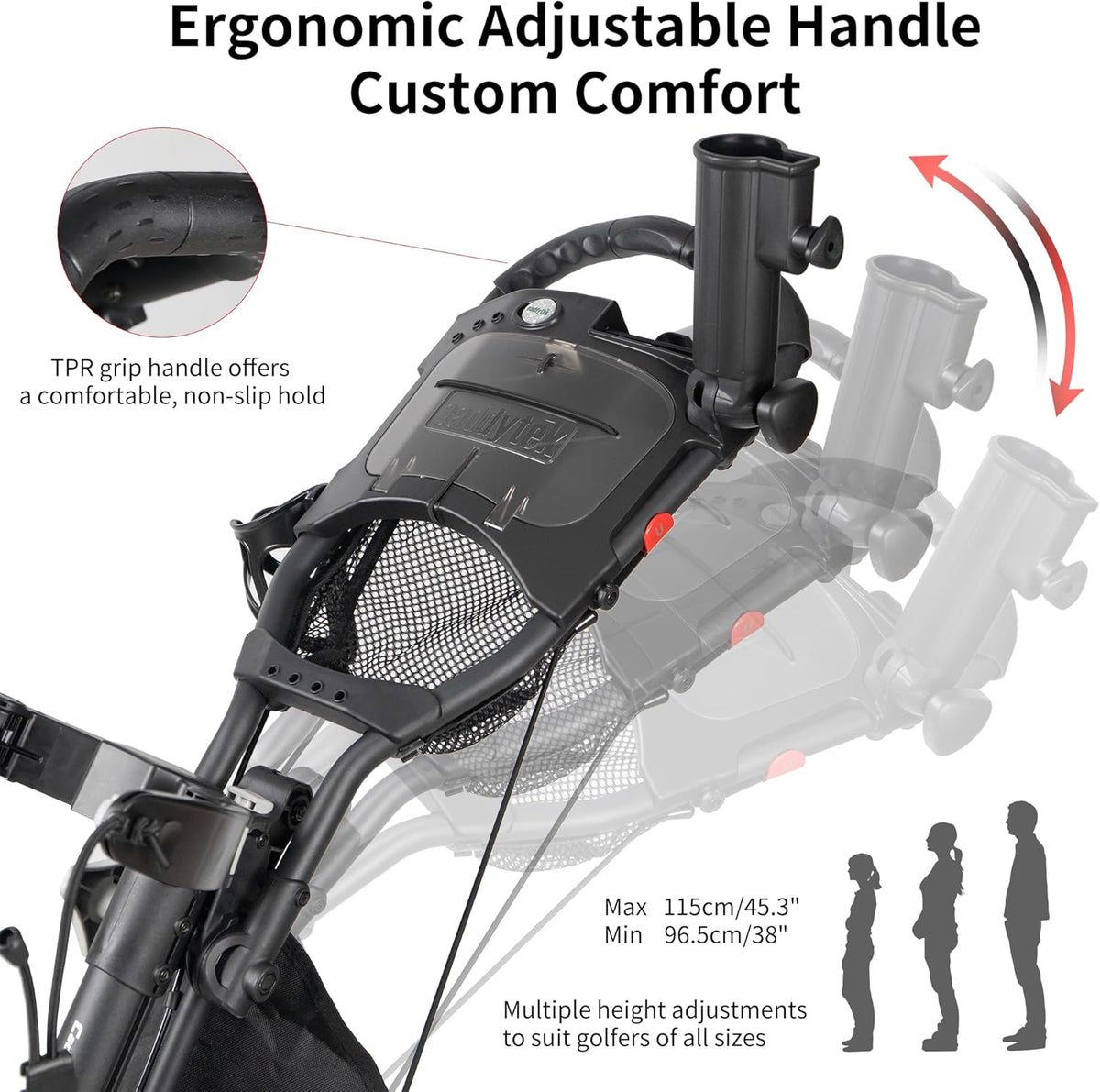 Caddytek CaddyLite One Swivel versie 8 golftrolley, 3-wielen, 360° zwenkbaar voorwiel, inklapbaar met één klik, lichtgewicht, verstelbare duwbeugel