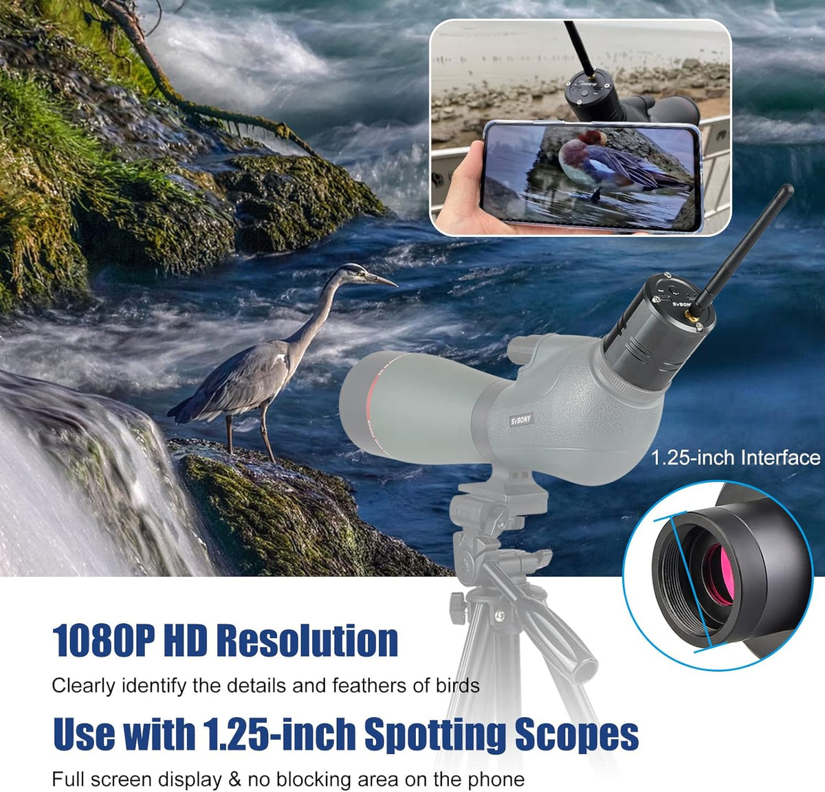 Draadloze Oculaircamera – Spotting Scope Camera – Telescoopcamera – Digiscoping Camera – Elektronische Oculaircamera – 1,25 Inch Aansluiting – 1080P HD-Beelden