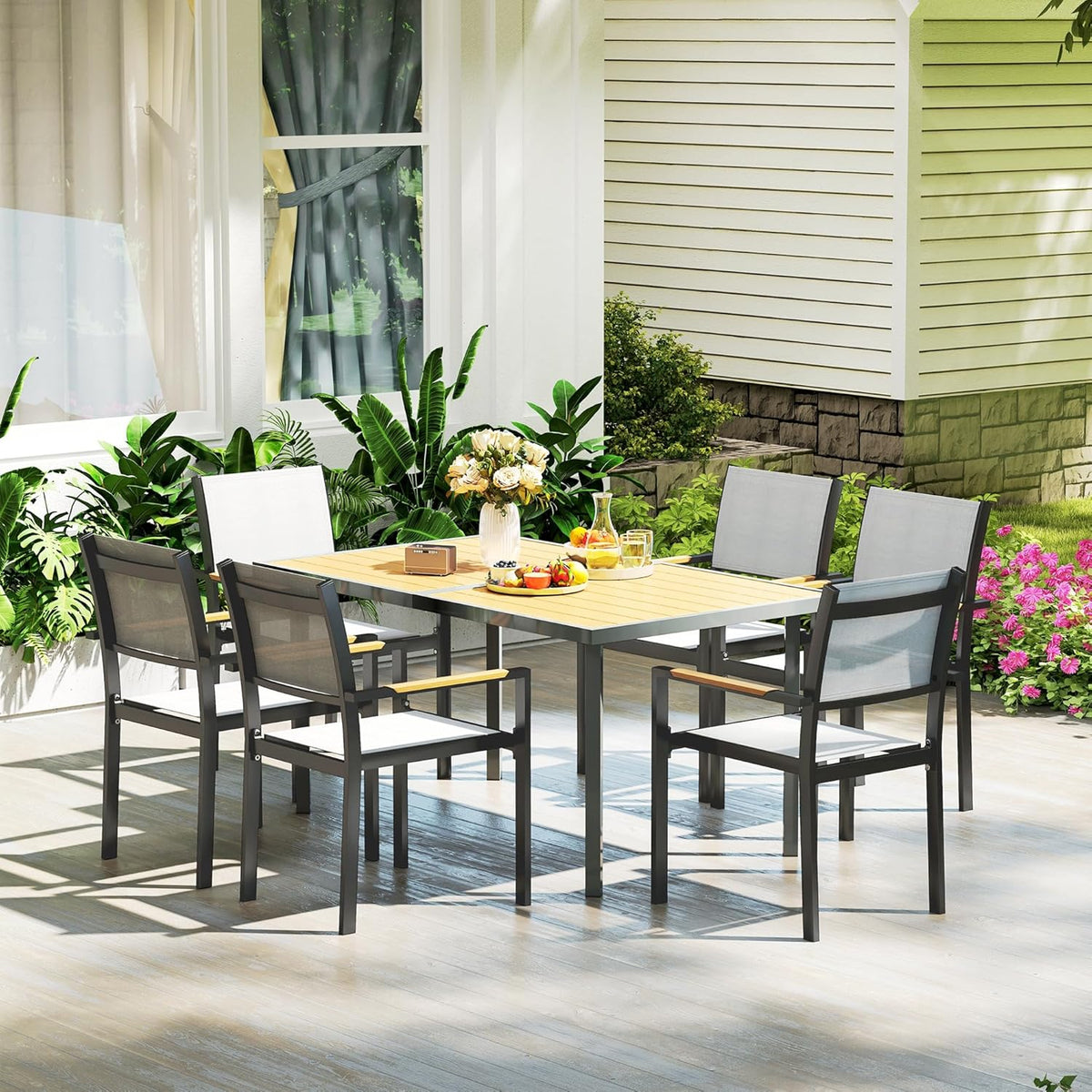 Outsunny Dining Table for 6 People, Garden Table with Rectangular Tabletop in Wood Look, Stainless Steel, for Patio, 150 x 90 x 72 cm, Natural Wood