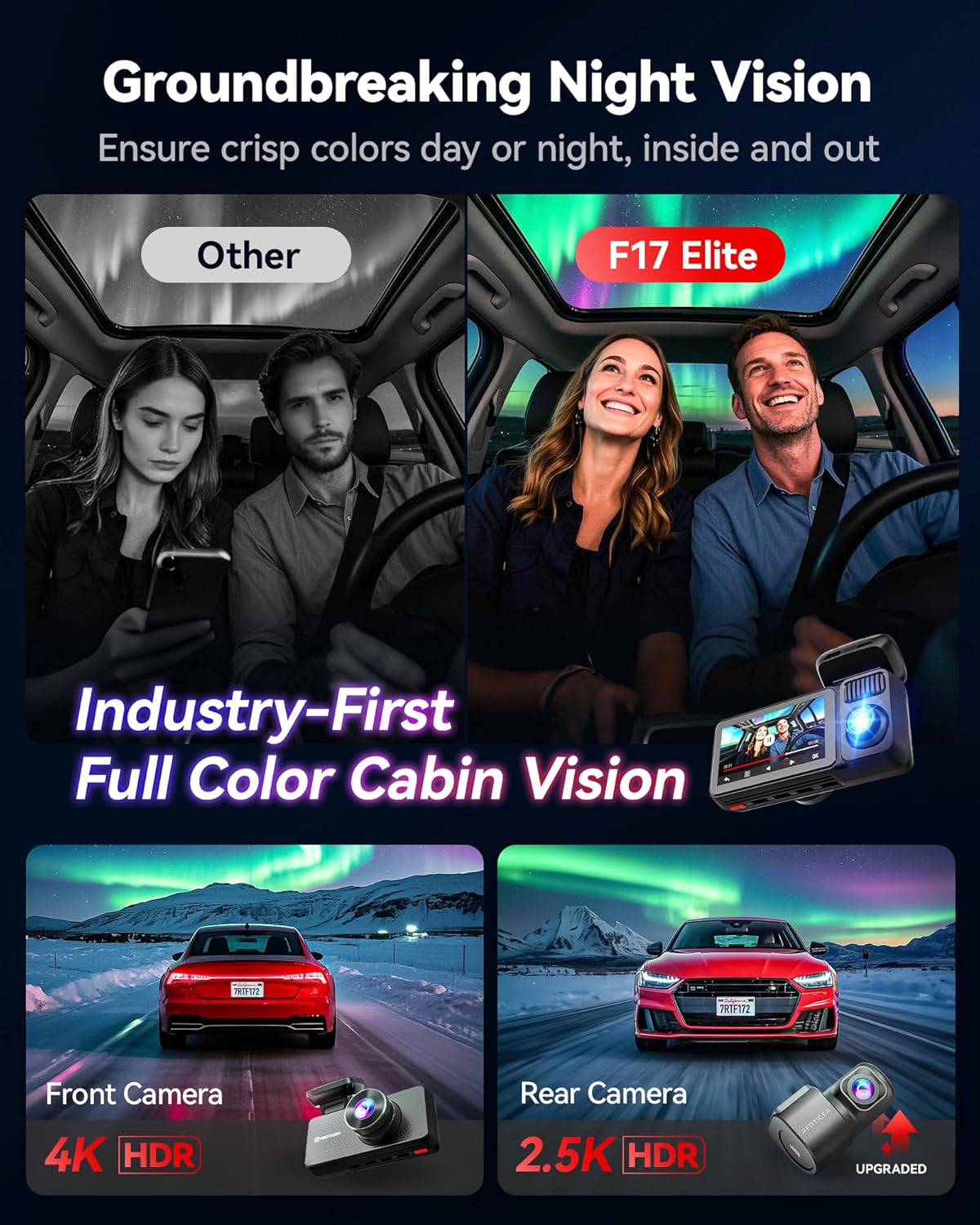 Dashcam – Dashboardcamera – Autocamera – Rijcamera – Autorecorder – 3-Kanaals – 4K Voor, 2.5K Achter, 1080P Interieur – Full-Color Nachtzicht