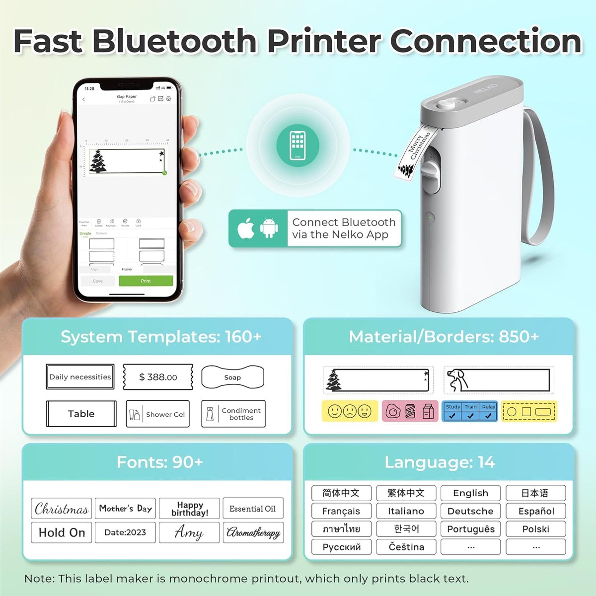 Nelko P21 Draagbare Bluetooth-labelmaker, draadloze stickerprinter met meerdere sjablonen voor thuiskantoororganisatie en opslaglocatie, met 3 rollen thermische tape (14 x 40 mm), wit