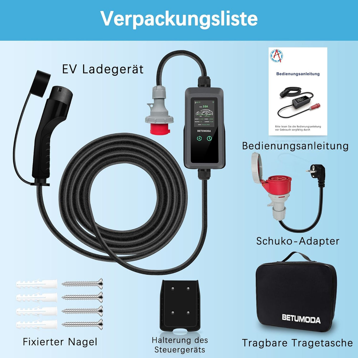Mobile Wallbox 11 kW type 2 oplaadkabel met instelbaar laadvermogen [6,9 m | 3-fasen | 8-16A IP67], CEE 16A, EV oplader voor model Y/3 ID.3/4/5 MG4 EX30 e-up