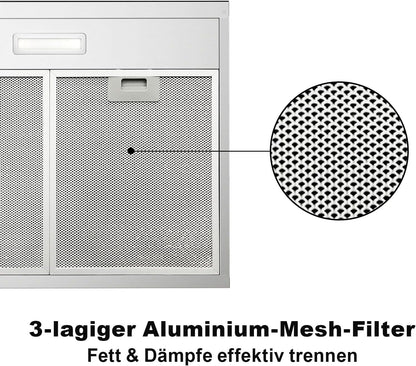 TopStrong afzuigkap 60 cm, onderbouw afzuigkap 60 cm, recirculatie/afvoer, afzuigkap met CF-K actieve koolfilter, 201 m³/h luchtstroom, roestvrijstalen afzuigkap, 3 standen Soft Touch bediening