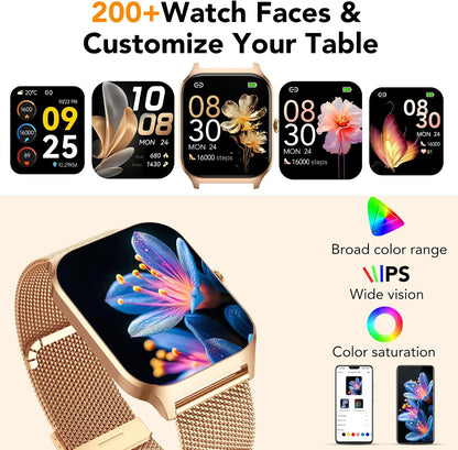 CASCHO Smartwatch voor dames, 1,85 inch smartwatch met bluetooth-oproepen/assistent, 120+ sportsmartwatch met stappenteller, slaap-/hartslagmeter, verguld en lichtroze