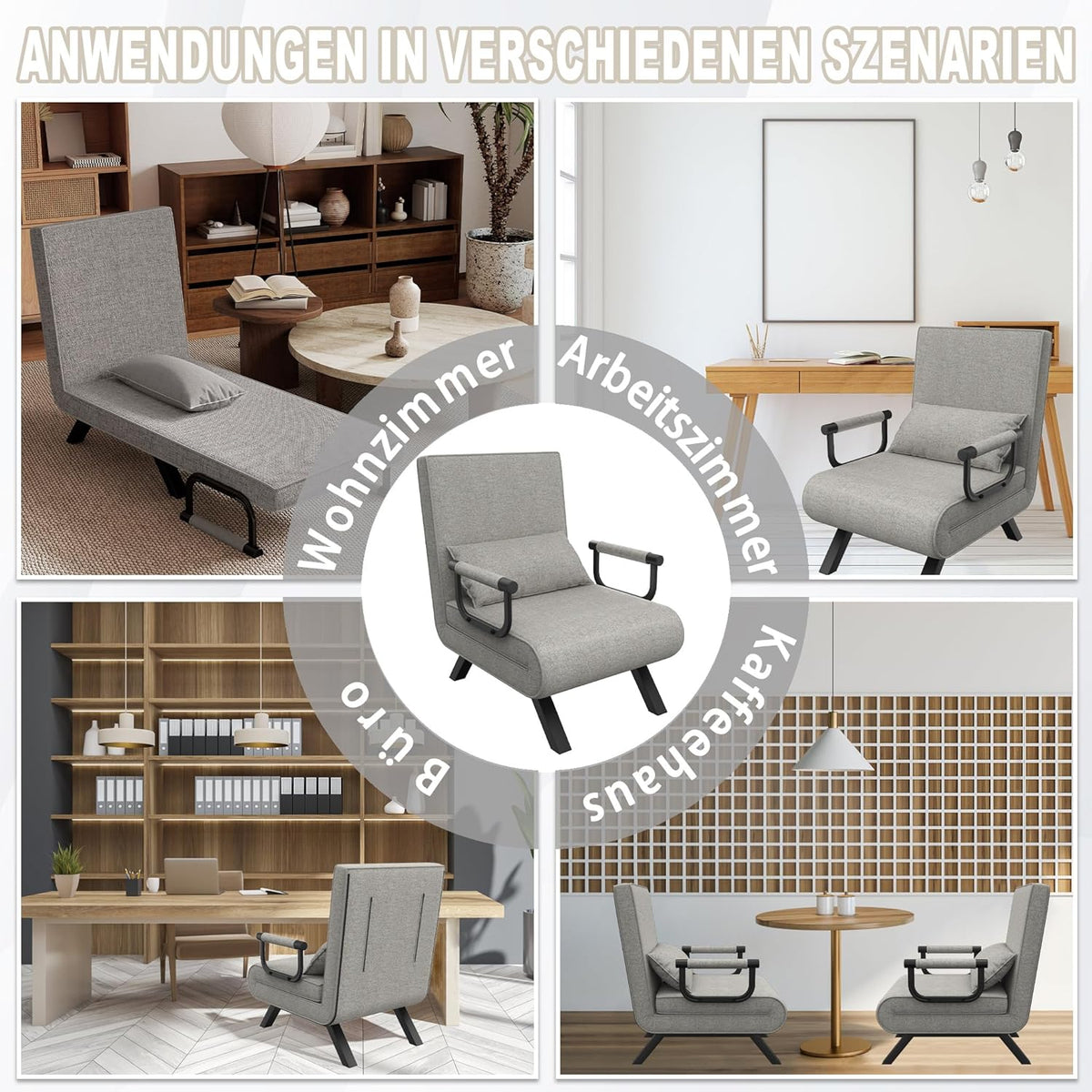 3-In-1 Slaapstoel – Slaapbank – Relaxfauteuil – Oprolbed – Uitklapbare Stoel – Lichtgrijs – Verstelbare Rugleuning 5-Standen – Stevig Metalen Frame Met Linnen Bekleding