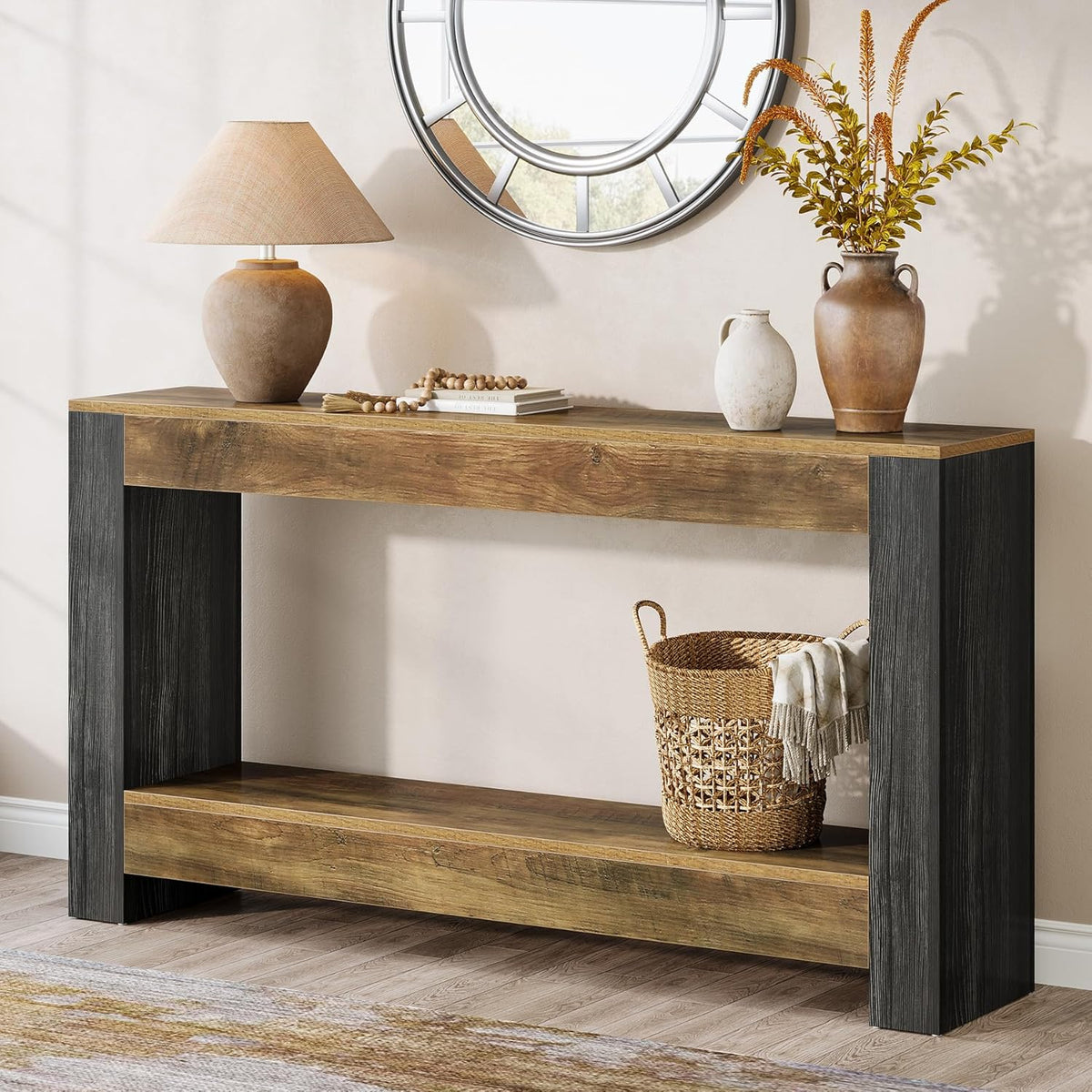 Tribesigns Console Table 160 cm Long for Entrance, Bench Behind the Sofa for Living Room, Hallway, Entrance, Foyer Rustic, Brown and Black