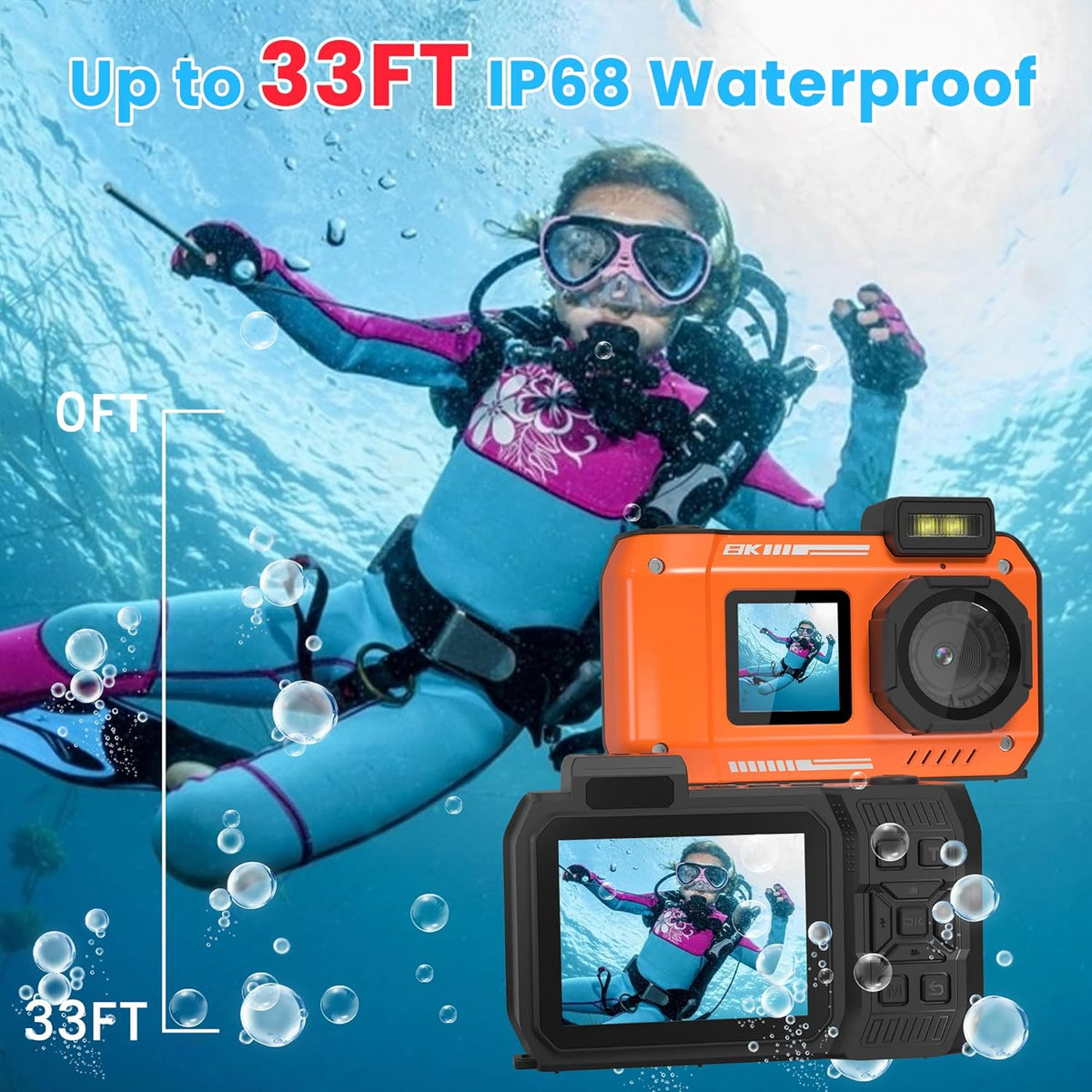 Verbeterde 8K 70MP onderwatercamera met 32G-kaart, 33FT waterdicht, robuust, stofdicht schokbestendig voor snorkelen, selfie digitaal voor duiken, dual-screen fotografie