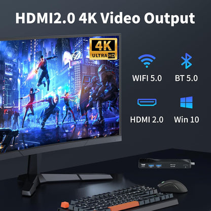 Fanless Mini PC Stick, Intel Celeron J3455 Quad-Core 1,5-2,3 GHz, 4 GB RAM 64 GB eMMC, Dual Gigabit Ethernet, 4K 60Hz HDMI, WiFi BT 5.0, USB 3.0 x2, Win 10 Pro voor zakelijke, industriële en