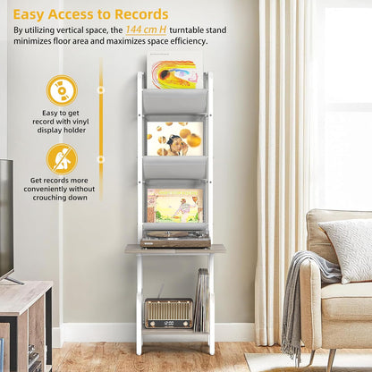 Platenopslag Standaard Met Platenspelerkast – Platenspelerstandaard, Draaitafelstandaard, Platenhouder, Displayplank – Wit – Tot 200 Platen – Extra Groot Bovenblad 50 X 39 Cm