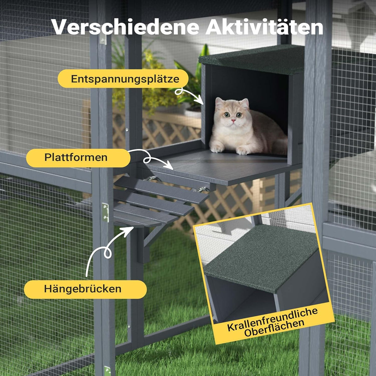 Wiltec kattenren 140 x 187 x 187 cm, buitenverblijf voor katten, speelkooi van dennenhout, kattenkooi voor speelruimte voor katten en huisdieren, kattenvolière met waterdicht dak
