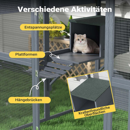 Wiltec kattenren 140 x 187 x 187 cm, buitenverblijf voor katten, speelkooi van dennenhout, kattenkooi voor speelruimte voor katten en huisdieren, kattenvolière met waterdicht dak
