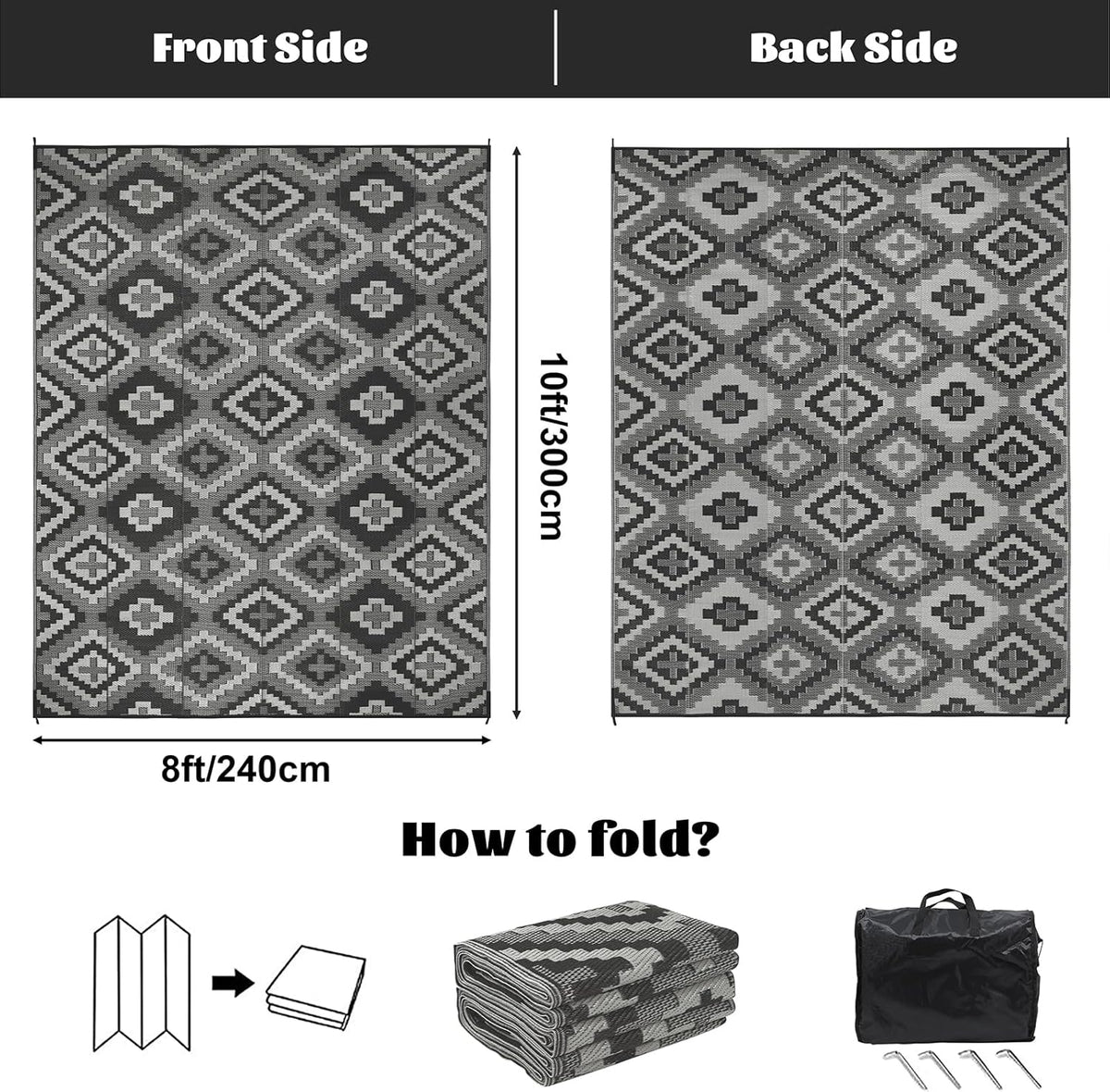 Buiten Vloerkleed - Buitenkleden - Buitentapijt - Opvouwbaar - UV-bestendig - Waterdicht - Buitenmatten - voor Buiten - Balkon - Strand - Picknick -Terras - Rechthoekig - 240 x 300 cm - Zwart/Grijs