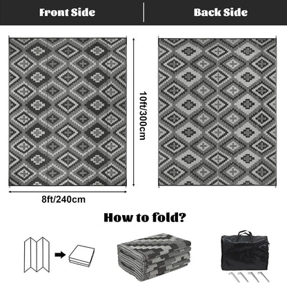 Buiten Vloerkleed - Buitenkleden - Buitentapijt - Opvouwbaar - UV-bestendig - Waterdicht - Buitenmatten - voor Buiten - Balkon - Strand - Picknick -Terras - Rechthoekig - 240 x 300 cm - Zwart/Grijs