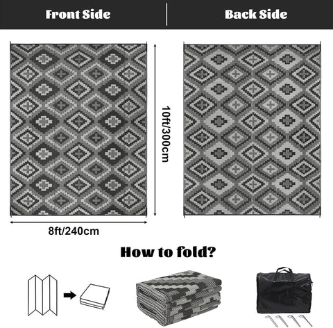 Buiten Vloerkleed - Buitenkleden - Buitentapijt - Opvouwbaar - UV-bestendig - Waterdicht - Buitenmatten - voor Buiten - Balkon - Strand - Picknick -Terras - Rechthoekig - 240 x 300 cm - Zwart/Grijs