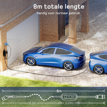dé EV Oplader Type 2 7,4kW CEE [1-Fase| 8m| 6-32A] met Schuko-adapter, EV Lader CEE 7,4kW, met Digitale LCD-Bediening Compatibel met Model Y/3, 500e, e-208 en andere EV/PHEV