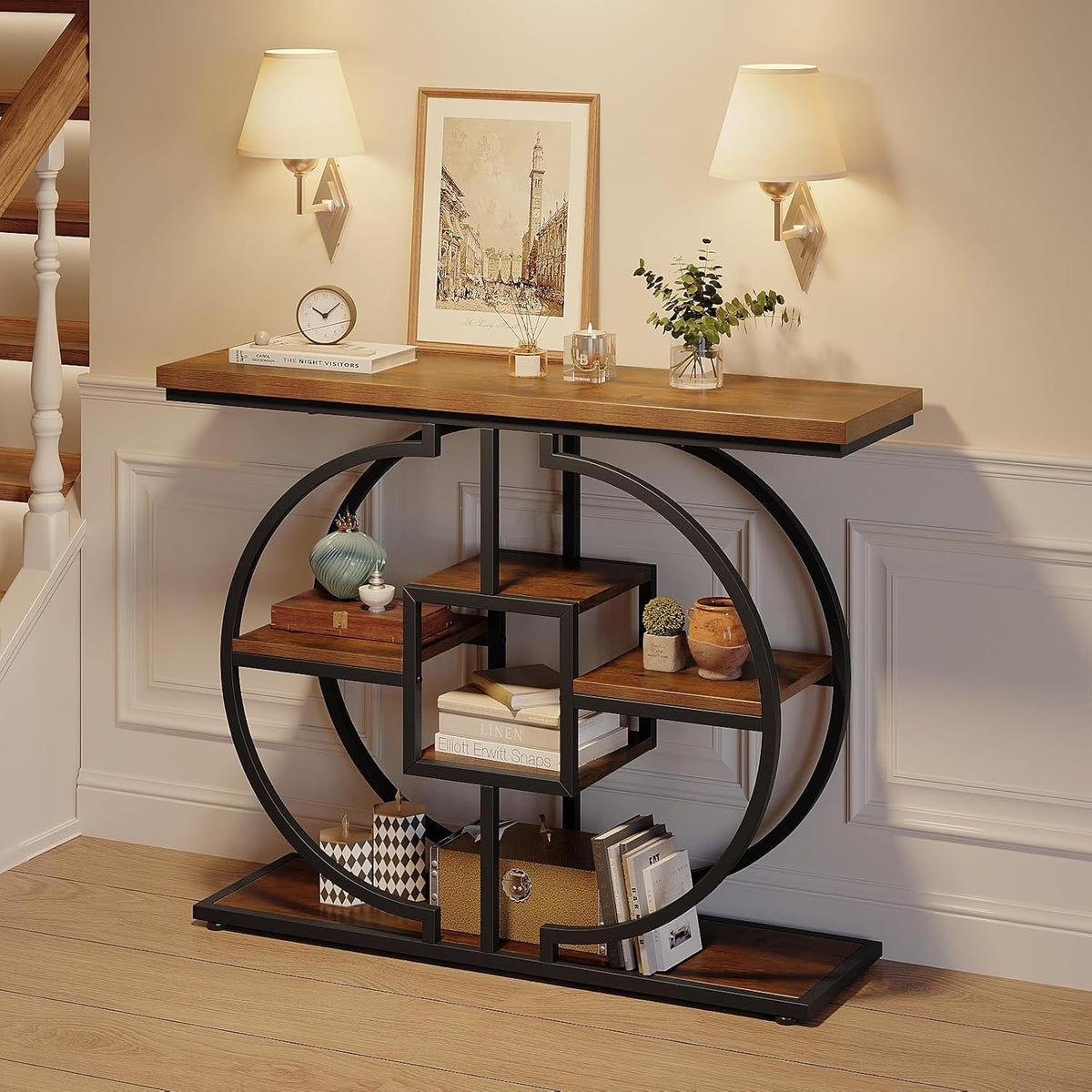 Trironsun Smalle consoletafel voor hal, 4 verdiepingen, rustieke salontafel met rond metalen frame, industriële entreetafel van hout met opbergvakken voor woonkamer en hal - QUORE