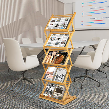 Opvouwbare Brochurestandaard – Tijdschriftenrek – Brochurehouder – Folderrek – Literatuurrek – 5 Vakken Bamboe – Verstelbare Hoogte 99/145 cm