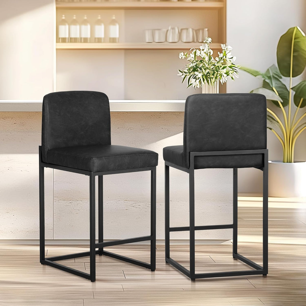 ALPHA HOME Bar Stool Set of 2 Bar Stools with Backrest, PU Leather, 2-Piece Set with Footrest for Countertop, Stable Metal Steel Frame, Black
