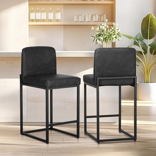 ALPHA HOME Bar Stool Set of 2 Bar Stools with Backrest, PU Leather, 2-Piece Set with Footrest for Countertop, Stable Metal Steel Frame, Black