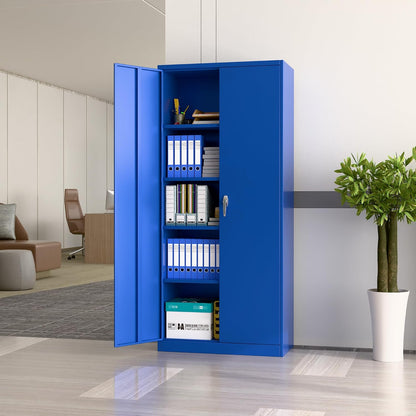Metalen opbergkast met 2 deuren en 4 verstelbare planken, 180 cm hoge stalen kast voor magazijn, garage, huis, kantoor, eenvoudig te monteren vereist (blauw)