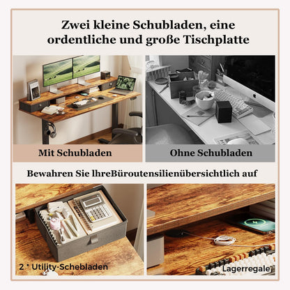 Klicelor Verstelbaar Bureau in Hoogte met Dubbele Lades, Elektrisch Verstelbaar Bureaux in Hoogte, Ergonomisch Sta bureau, 140x60, Bruin