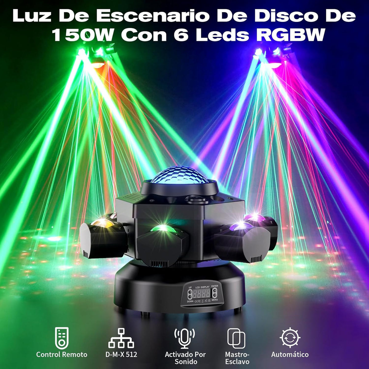 150 W Mini Moving Head Light RGBW discolamp met discobol DMX512 beweegbare schijnwerper, 6 lichtarme stroboscoopeffect, voor feest, familie, bruiloft, verjaardag