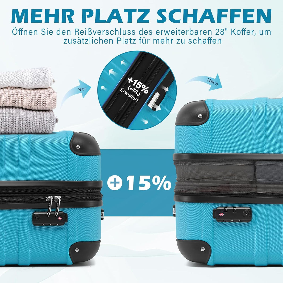 COOLIFE Koffer met harde schaal, rolkoffer, reiskoffer, uitbreidbare bagage (alleen grote koffer uitbreidbaar), ABS-materiaal met TSA-slot en 4 wielen, Großer Koffer