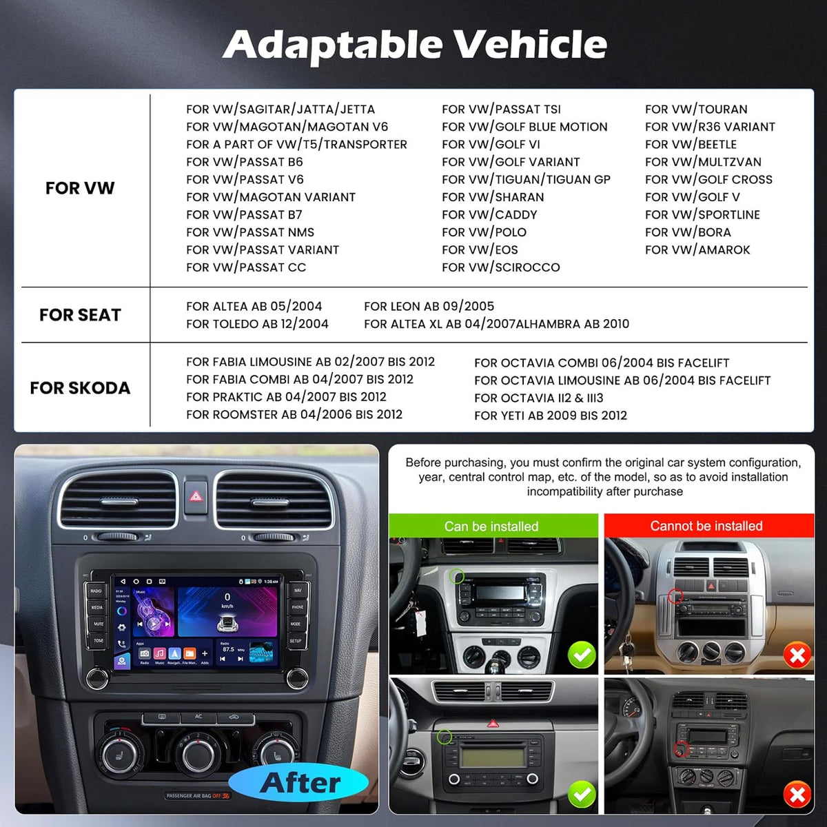 4G+64G Android 15 2 DIN Autoradio voor VW Golf Tiguan Caddy Polo Touran met Draadloze CarPlay Android Auto GPS, 7" Touchscreen, DSP FM/RDS Radio WiFi + Achteruitrijcamera + Microfoon