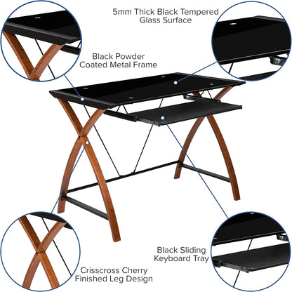 Flash Furniture Jude Zwart glazen computerbureau met uittrekbare toetsenbordlade en kriskras frame