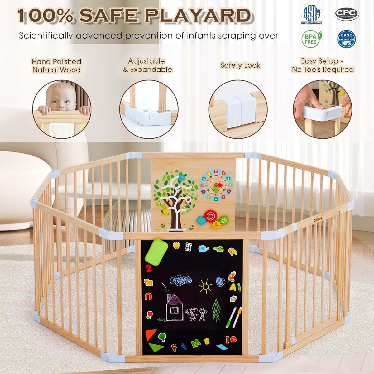 Wooden Baby Playpen with Door, Interchangeable & Expandable Play Gate for Toddlers, Wooden Playpen for Kids with Chalk Whiteboard & Montessori Games (66cm High 8-Panel) - QUORE