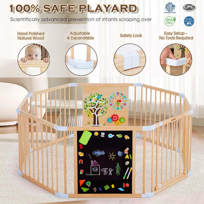 Wooden Baby Playpen with Door, Interchangeable & Expandable Play Gate for Toddlers, Wooden Playpen for Kids with Chalk Whiteboard & Montessori Games (66cm High 8-Panel) - QUORE