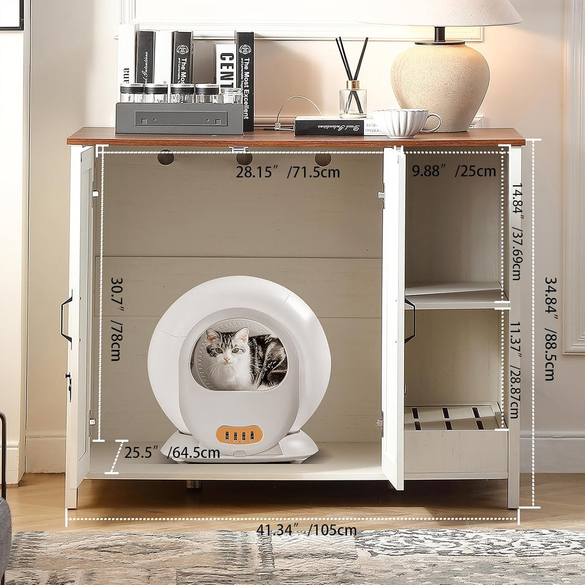 Kattenbakkast – Kattenbakmeubel – Kattenbakverstopper – Kattenbakkast – Kattenbakkastje – Grote Afmeting 105x68x89 cm – Verstelbare Opbergrek & Kattenbakverzamelaar – Wit