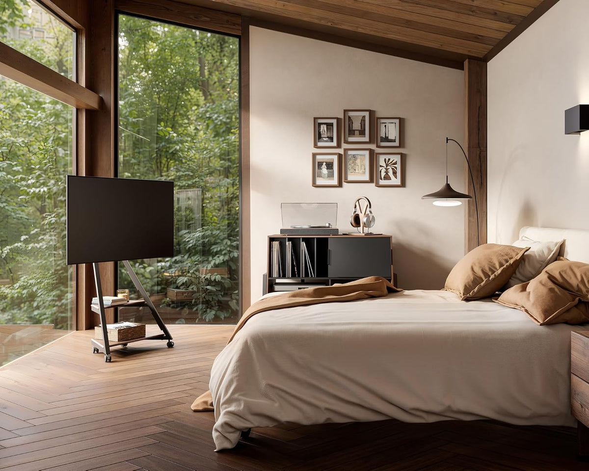 FITUEYES Design mobiele tv-standaard op wielen met 2 planken voor 32 43 55 65 inch vloer tv-standaard art schermhoek ± 15° verstelbare hoogte 946-1076,5 mm max. belasting 40 kg voor thuis, lounge