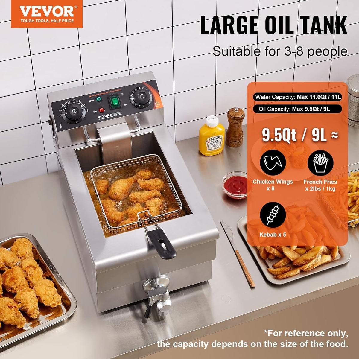 VEVOR Professionele elektrische friteuse 3000 W met mand, Single Oil friteuse van roestvrij staal 11 l met tijd- en temperatuurcontrole, oververhittingsbeveiliging, gebruik in keuken, restaurant