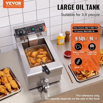 VEVOR Professionele elektrische friteuse 3000 W met mand, Single Oil friteuse van roestvrij staal 11 l met tijd- en temperatuurcontrole, oververhittingsbeveiliging, gebruik in keuken, restaurant