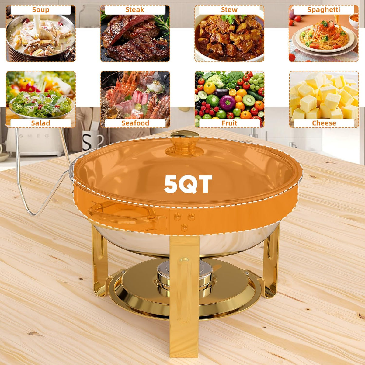 4 stuks gouden ronde schaafschalen voor buffet, 5 QT buffetwarmer-voedselserver met doorzichtig deksel en serveergerei roestvrijstalen voedselverwarmers voor feesten, bruiloften